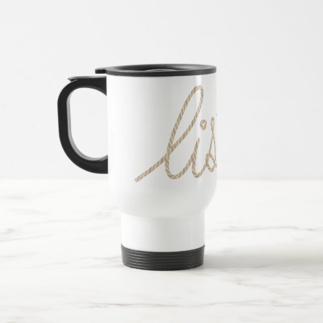 Taza De Viaje ESCUCHAR Texto de cuerda sobre blanco (Izquierda)