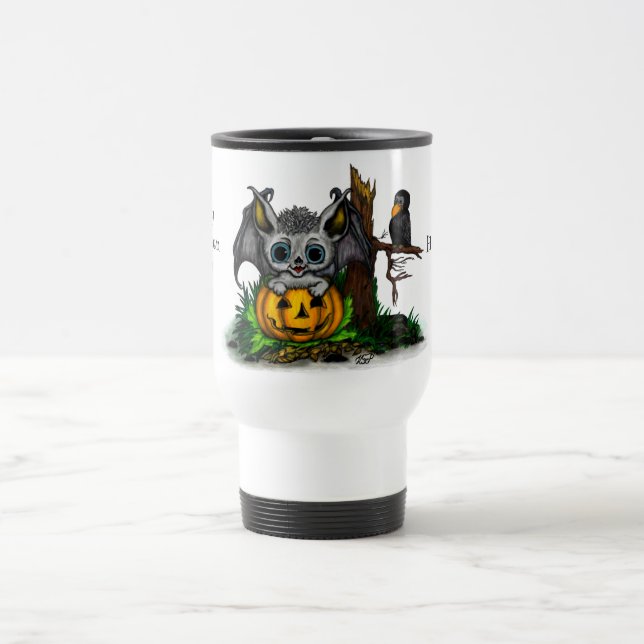 Taza De Viaje Esperando Halloween , Cute Bat y Raven (Centro)
