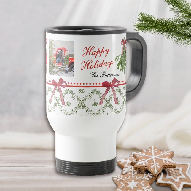 Taza De Viaje Felices fiestas Mistletoe Red Bow Family Photo (Subido por el creador)