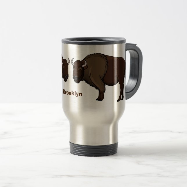 Taza De Viaje Feliz ilustracion de búfalo de bisonte americano  (Anverso derecho)
