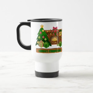 Taza De Viaje Feliz Navidad cerca de la chimenea de fuego árbol