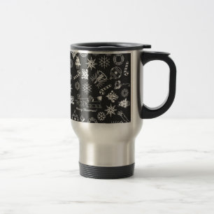 Taza De Viaje Feliz Navidad Símbolos Santa, negro y blanco