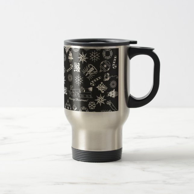 Taza De Viaje Feliz Navidad Símbolos Santa, negro y blanco (Derecha)