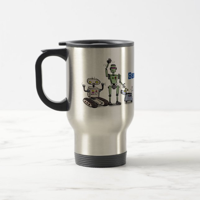 Taza De Viaje Feliz personalizado de trío de robots lindos (Izquierda)