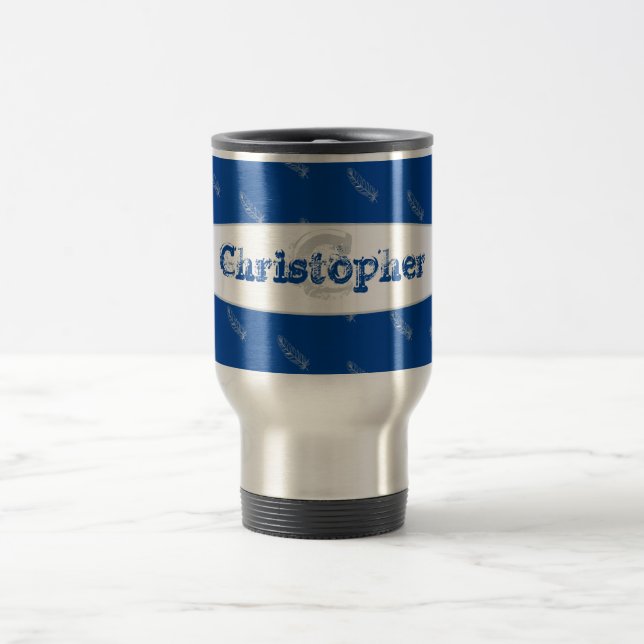 Taza De Viaje Fethers Blue Typography Name Monograma Template (Centro)