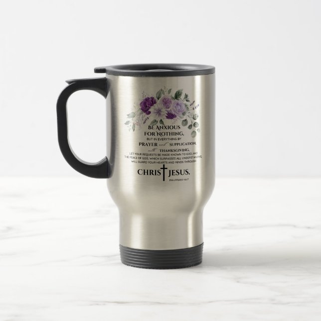 Taza De Viaje Filipenses 4:6-7 Escritura Flores moradas (Izquierda)