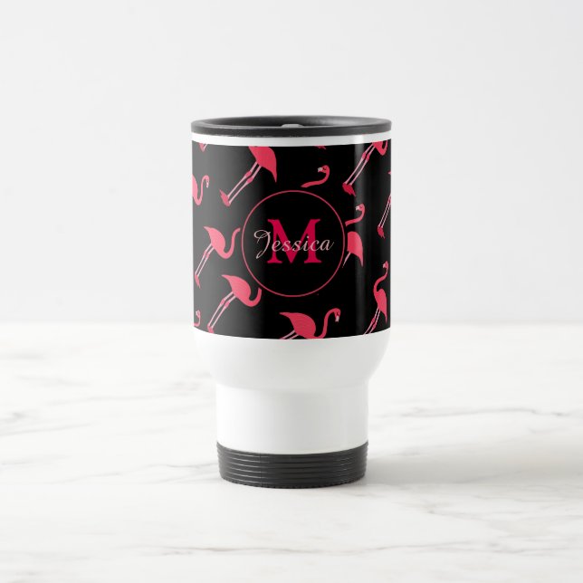 Taza De Viaje Flamencos rosados en negro personalizado (Centro)