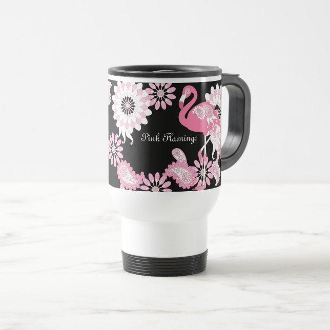 Taza De Viaje Flamingo rosa paisley negro moderno (Anverso derecho)