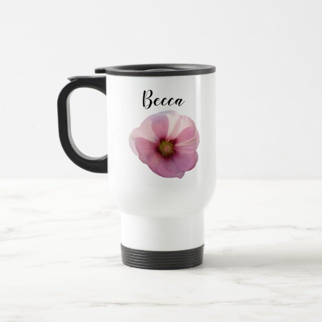Taza De Viaje Flor de hollyhock rosa brillante personalizada (Izquierda)