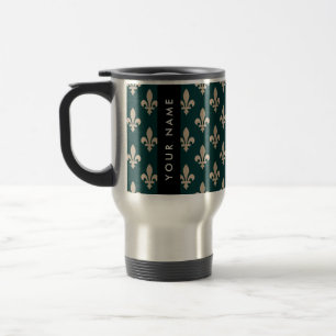 Taza De Viaje Flor de Lis, Beige sobre Verde, Real, Tu Nombre