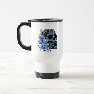 Taza De Viaje Floral Azul Floral Black Sugar Skull Day Of The De