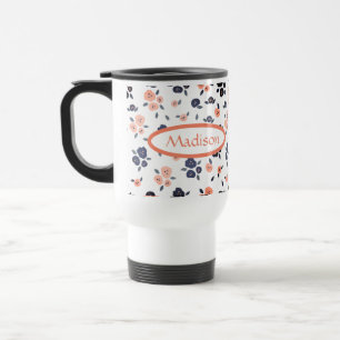 Taza De Viaje Floral azul marino nombre personalizado moderno