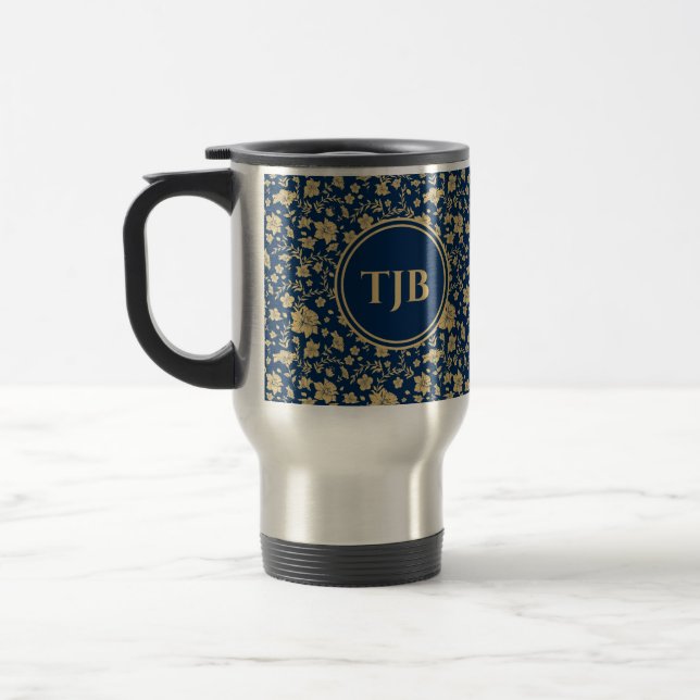 Taza de viaje floral navy dorada personalizada (Izquierda)