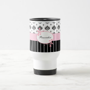 Taza De Viaje Floral rosado elegante del damasco blanco y negro
