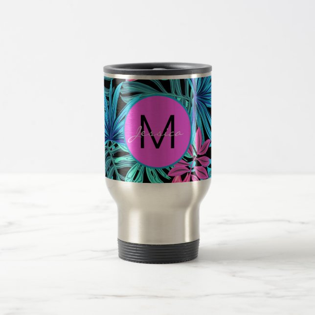 Taza De Viaje Floral tropical rosa brillante personalizada (Centro)