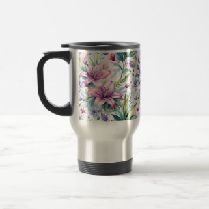 Taza De Viaje Floral Watercolor Lilies Pink Violet