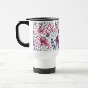 Taza De Viaje Floral Watercolor Lilies Pink Violet