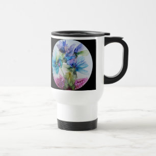 Taza De Viaje Flores coloridas azul morado arte rosa