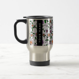 Taza De Viaje Flores Coloridas, Fondo Azul, Negro