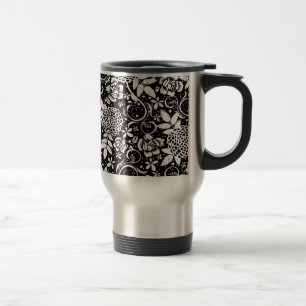 Taza De Viaje Flores florales blancas y negras Mug