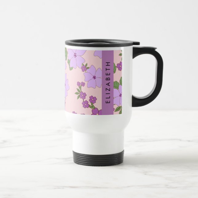 Taza De Viaje Flores Púrpura, Patrón De Flores, Tu Nombre (Derecha)