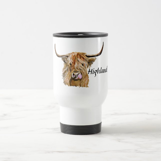 Taza De Viaje Fluffy Red Highland Cow Original Digital Art  (Centro)