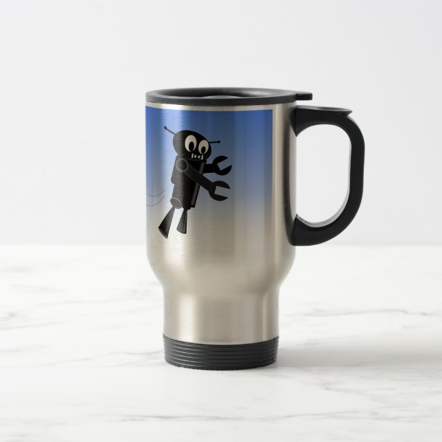 Taza De Viaje Fondo del cielo azul del robot volador negro (Derecha)