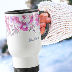 Taza De Viaje Frontera de flores rosadas y nombre en letra de pi