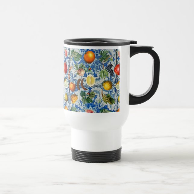 Taza De Viaje Fruta mediterránea de verano y mosaico blanco azul (Derecha)