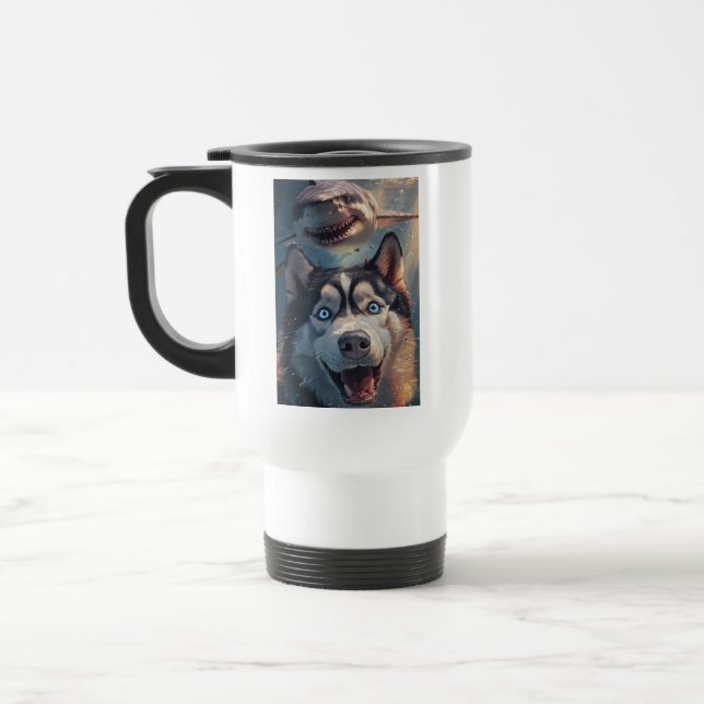 Taza De Viaje Funny Husky Shark Chase Travel Mug (Izquierda)