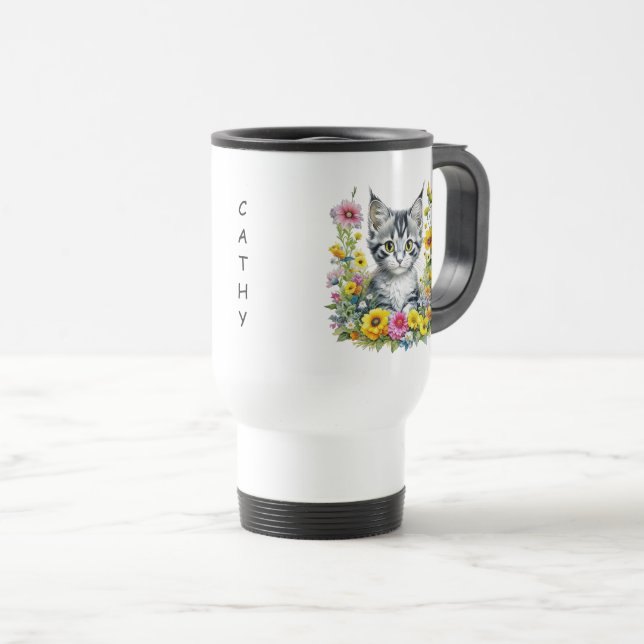 Taza De Viaje Gatito acuarela en flores amarillas personalizadas (Anverso derecho)