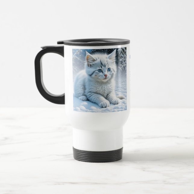 Taza De Viaje Gatito blanco esponjoso y personalizado en nieve (Izquierda)