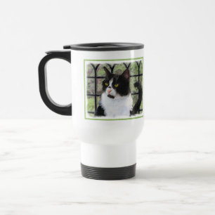 Taza De Viaje Gato de Tuxedo en la ventana Pintura de arte anima