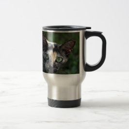 Taza De Viaje Gato Gris Marrón Blanco con Ojos Verdes