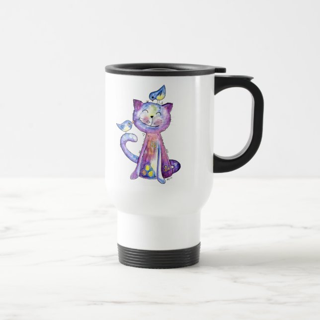 Taza De Viaje Gato malva chiflado con pájaros (Derecha)