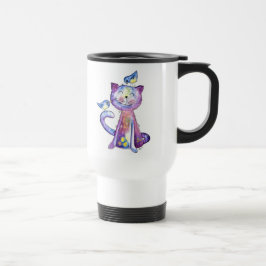 Taza De Viaje Gato Morado Caprichoso y Lindo con Pájaros
