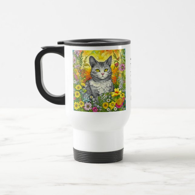 Taza De Viaje Gato y flores caprichosas personalizadas (Izquierda)