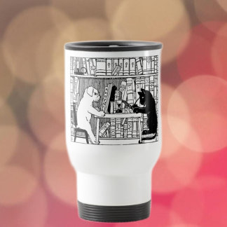 Taza De Viaje Gato y perro vintage Biblioteca libresca Literario