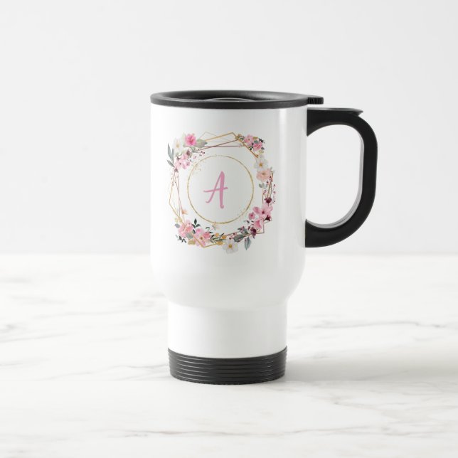 Taza de viaje geométrica dorada con flores rosadas (Derecha)