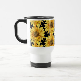 Taza De Viaje Girasol Amarillo Floral Alegre sobre Negro