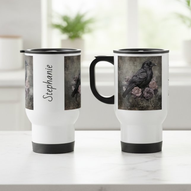 Taza De Viaje Gothic Raven with Roses Dark (Personalized vintage raven with roses travel mug)