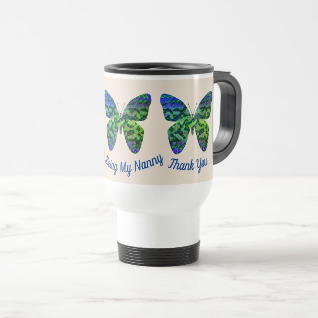 Taza De Viaje Gracias Nanny Blue Green Butterfly Babysitter (Anverso derecho)