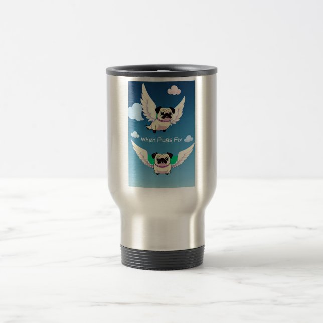 Taza De Viaje Gracioso Pug Fly, alias "Cuando los cerdos vuelan  (Centro)