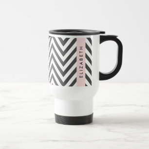 Taza De Viaje Gray Zigzag, Gray Chevron, Pink, Tu Nombre