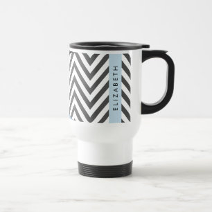 Taza De Viaje Gris Zigzag, Gris Chevron, Azul, Tu Nombre