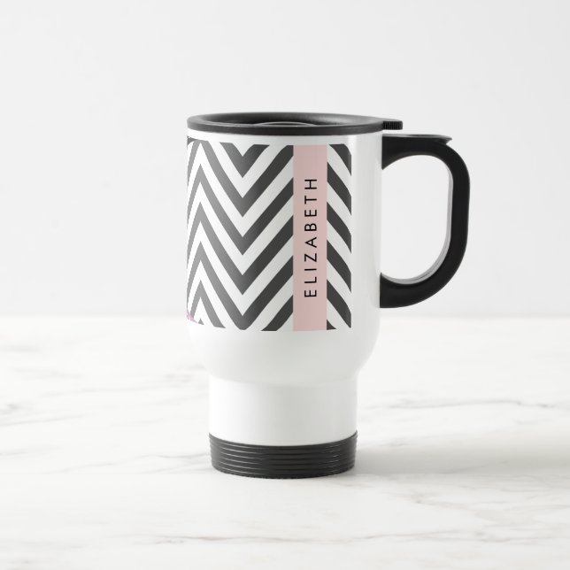 Taza De Viaje Gris Zigzag, Gris Chevron, Púrpura, Tu Nombre (Derecha)