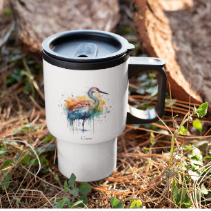 Taza De Viaje Grulla elegante: arte de acuarela, personalizado