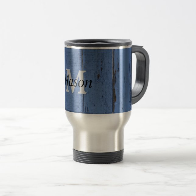 Taza De Viaje Guapo Rústico Personalizado De Madera Azul (Anverso derecho)