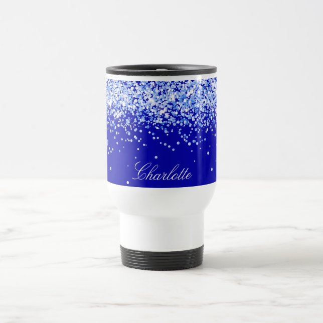 Taza De Viaje Guión de nombre de confeti azul real (Centro)