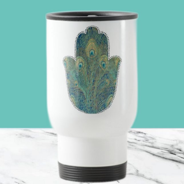Taza De Viaje Hamsa de plumas de pavo real Judaica boho (Subido por el creador)
